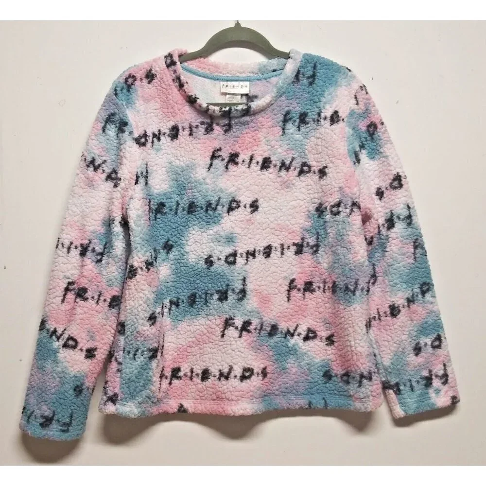FRIENDS TV Show Sleepwear Pajama Top Womens Sz M Fleece Pink Blue FLUFFY SOFT